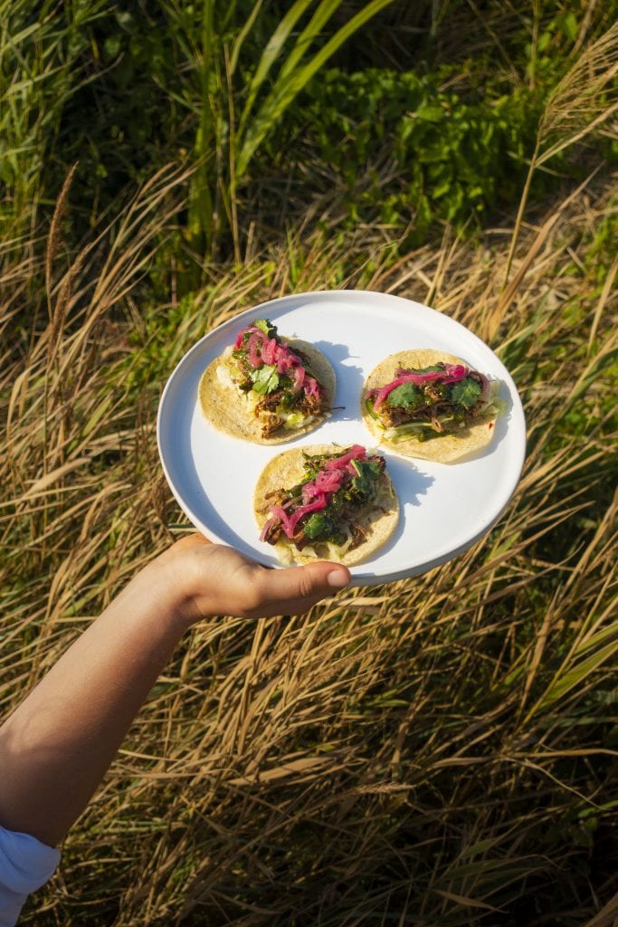 A plate of three corn tacos